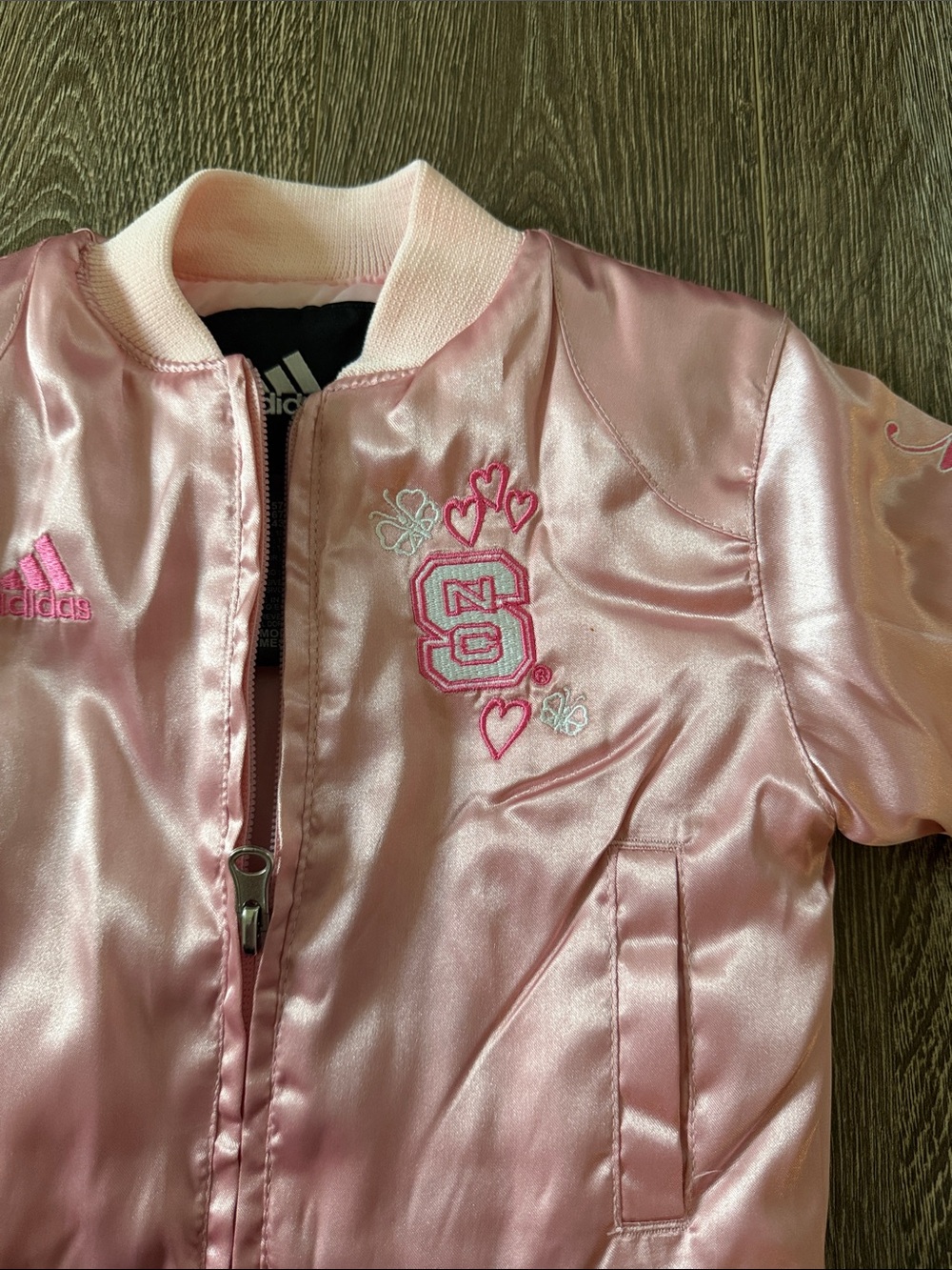 adidas Pink Satin Kids Bomber Jacket with Striped Ribbing - Picture 3 of 5